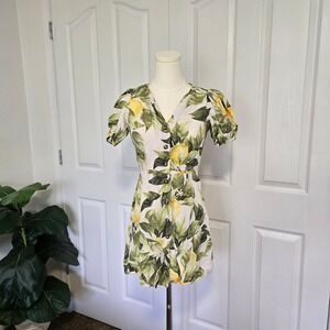 H&M Button Front Mini Dress Women XXS White Yellow Lemon Linen Blend Puff Sleeve